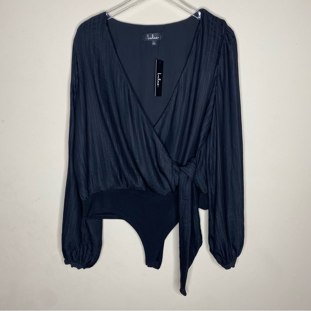 Lulus Time to Dance Black Pleated Faux Wrap Bodysuit size Large